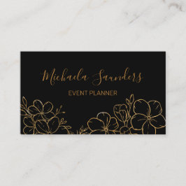 Chic Black Gold Floral Line Drawing Event Planner Visitekaartje