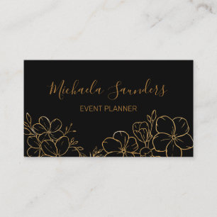 Chic Black Gold Floral Line Drawing Event Planner Visitekaartje