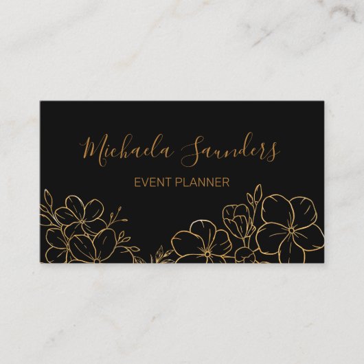 Chic Black Gold Floral Line Drawing Event Planner Visitekaartje (Voorkant)