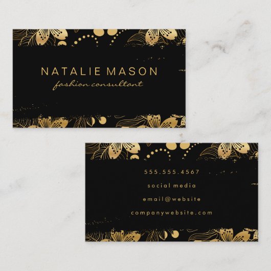 Chic Black Gold Flowers Visitekaartje (Voorkant / Achterkant)