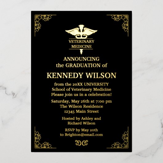 Chic Black Gold Foil Diergeneeskunde Folie Uitnodiging (Voorkant)