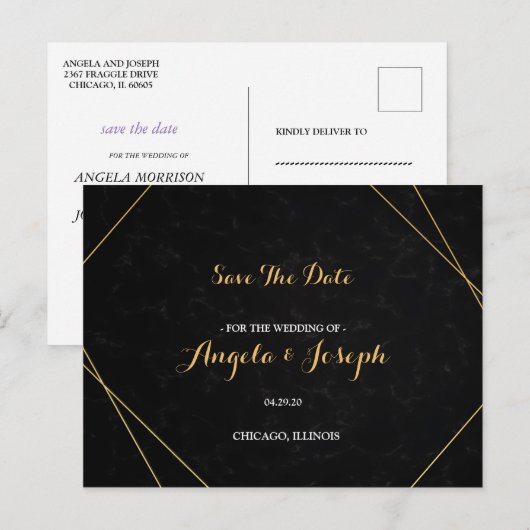 Chic Black & Gold Geometric lijst Save the Date Briefkaart (Voorkant / Achterkant)