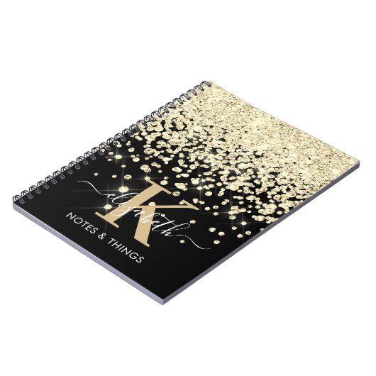 Chic Black Gold Glitter Diamond Monogramed Notitieboek (Linkerzijde)