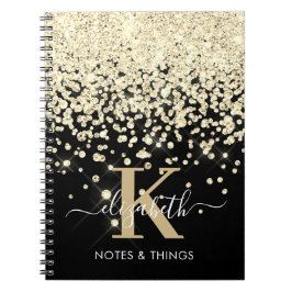 Chic Black Gold Glitter Diamond Monogramed Notitieboek