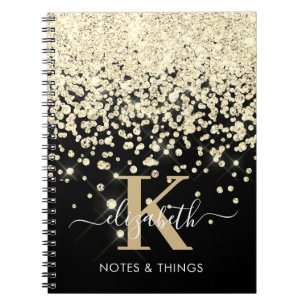Chic Black Gold Glitter Diamond Monogramed Notitieboek