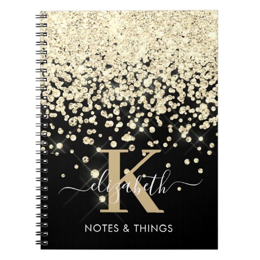 Chic Black Gold Glitter Diamond Monogramed Notitieboek (Voorkant)