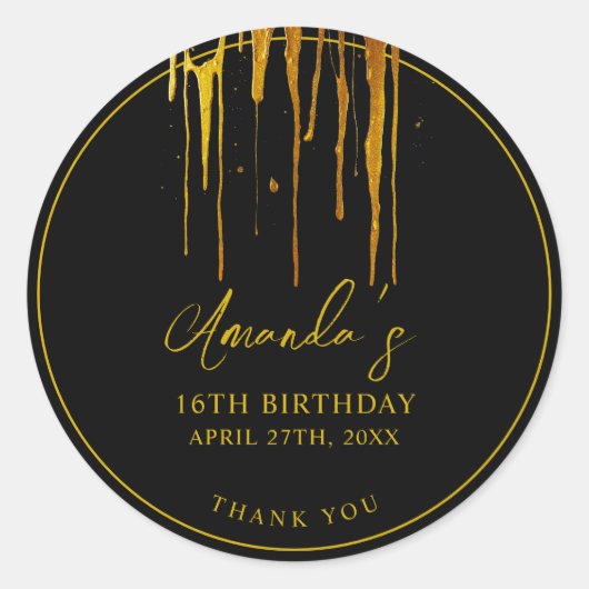 Chic Black & Gold Glitter Drips Sweet 16 Verjaarda Ronde Sticker (Voorkant)