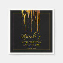 Chic Black & Gold Glitter Drips Sweet 16 Verjaarda