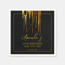 Chic Black & Gold Glitter Drips Sweet 16 Verjaarda Servet