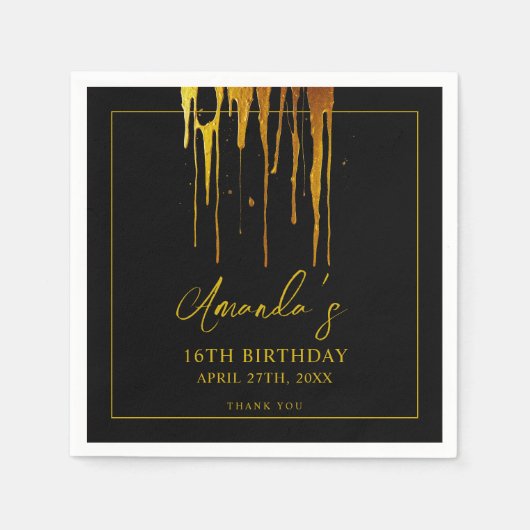 Chic Black & Gold Glitter Drips Sweet 16 Verjaarda Servet (Voorkant)