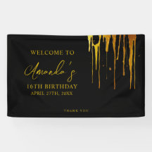 Chic Black & Gold Glitter Drips Sweet 16 Verjaarda