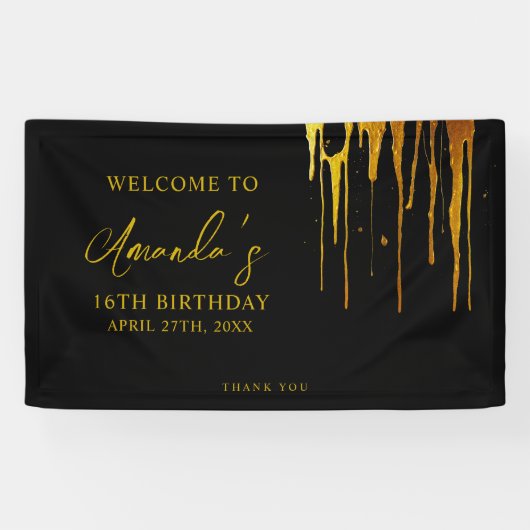 Chic Black & Gold Glitter Drips Sweet 16 Verjaarda Spandoek (Horizontaal)