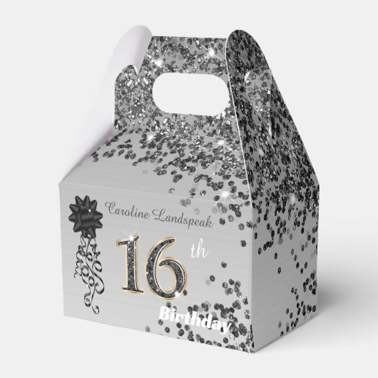 Chic Black Gold Glitter & Ribbon 16e verjaardag Bedankdoosjes (Voorkant Zijde)