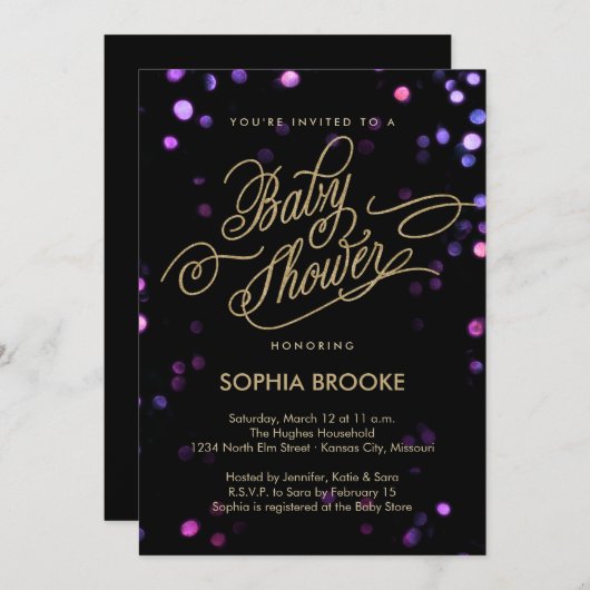 Chic Black & Gold Glitter Script-Baby shower Kaart (Voorkant / Achterkant)