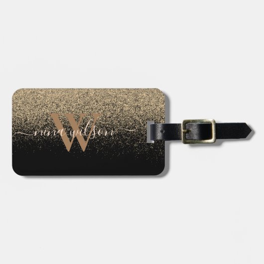 Chic Black Gold Glitter Signature Monogram Bagagelabel (Voorkant horizontaal)