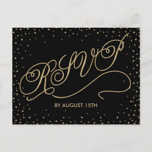 Chic Black & Gold Glitter Stars RSVP Briefkaart (Voorkant)