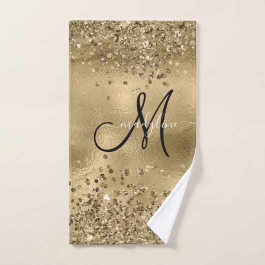 Chic Black Gold Glitters Monogram Naam Bad Handdoek (Handdoek)