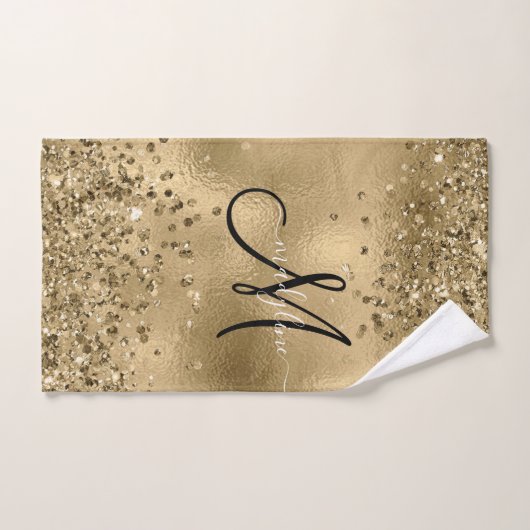 Chic Black Gold Glitters Monogram Naam Bad Handdoek (Handdoek)