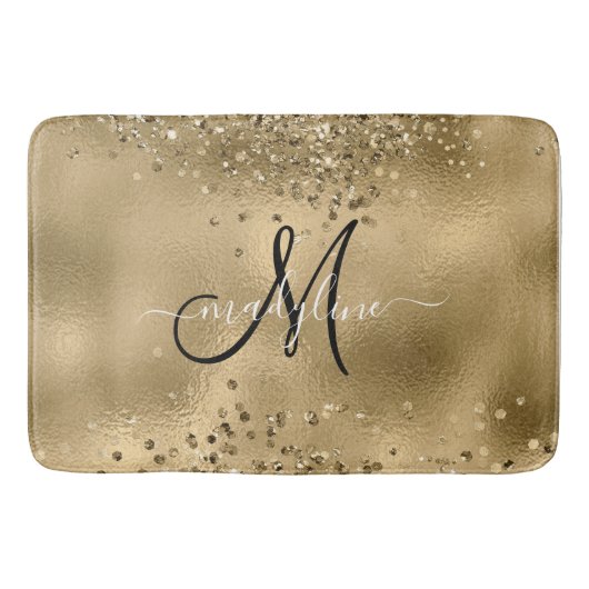 Chic Black Gold Glitters Monogram Naam Badmat (Voorkant)