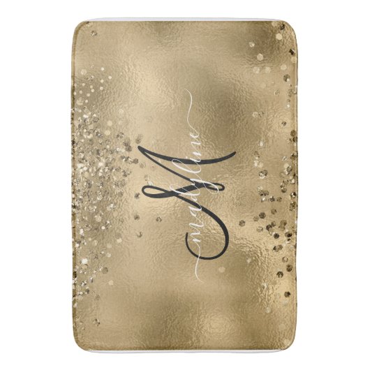 Chic Black Gold Glitters Monogram Naam Badmat (Voorkant Verticaal)