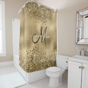 Chic Black Gold Glitters Monogram Naam Douchegordijn