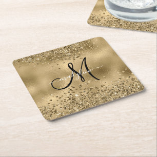 Chic Black Gold Glitters Monogram Naam Kartonnen Onderzetters