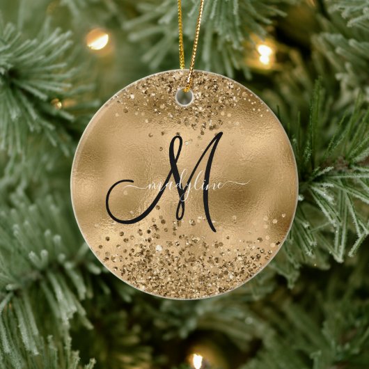Chic Black Gold Glitters Monogram Naam Keramisch Ornament (Boom)