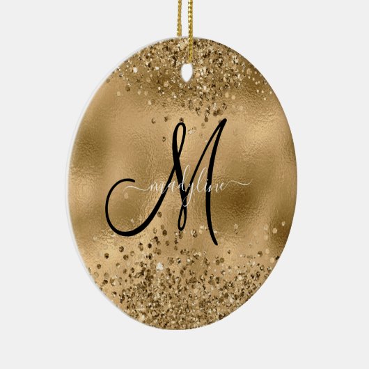 Chic Black Gold Glitters Monogram Naam Keramisch Ornament (Rechts)