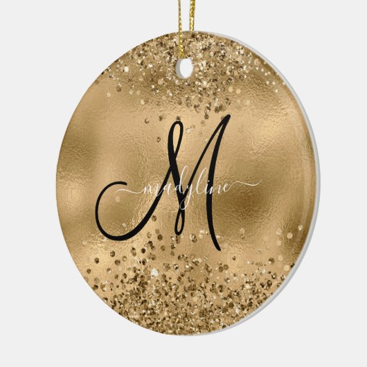 Chic Black Gold Glitters Monogram Naam Keramisch Ornament (Links)