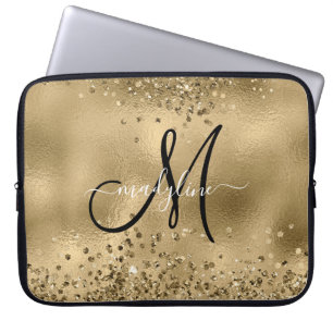 Chic Black Gold Glitters Monogram Naam Laptop Sleeve