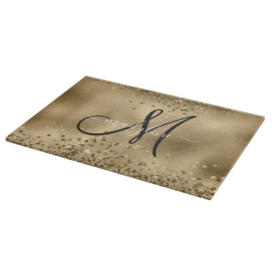 Chic Black Gold Glitters Monogram Naam Snijplank (Hoek)