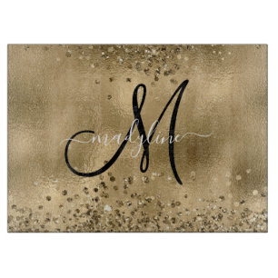 Chic Black Gold Glitters Monogram Naam Snijplank