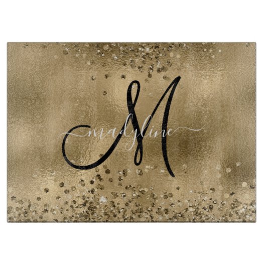 Chic Black Gold Glitters Monogram Naam Snijplank (Voorkant)