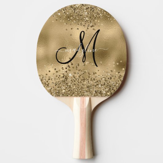 Chic Black Gold Glitters Monogram Naam Tafeltennisbatje (Achterkant)