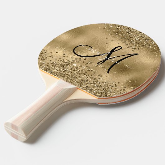 Chic Black Gold Glitters Monogram Naam Tafeltennisbatje (Voorkant Gekanteld)