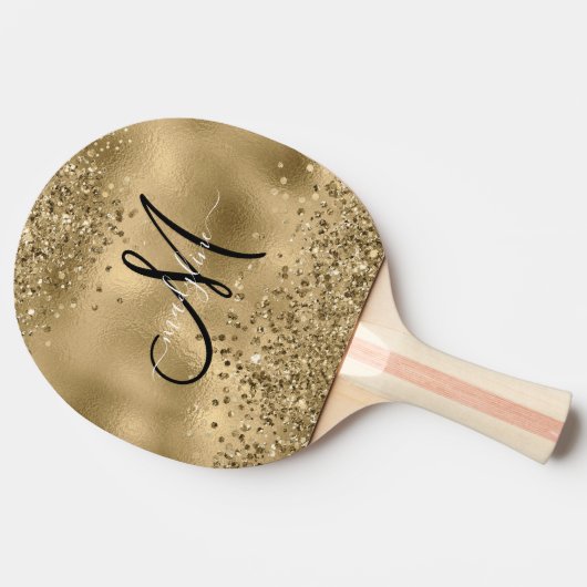 Chic Black Gold Glitters Monogram Naam Tafeltennisbatje (Zijkant)