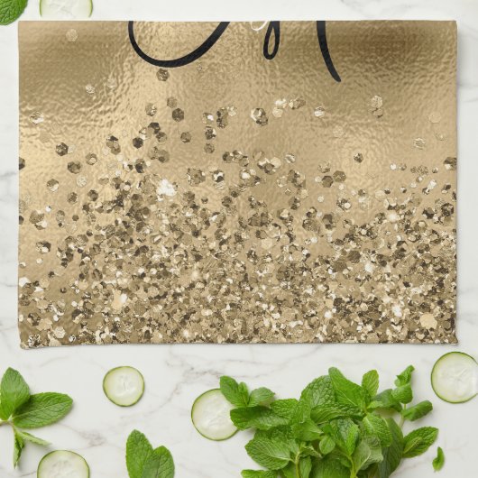 Chic Black Gold Glitters Monogram Naam Theedoek (Gevouwen)