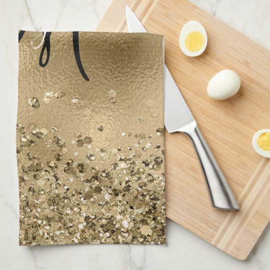 Chic Black Gold Glitters Monogram Naam Theedoek (Quarter Fold)