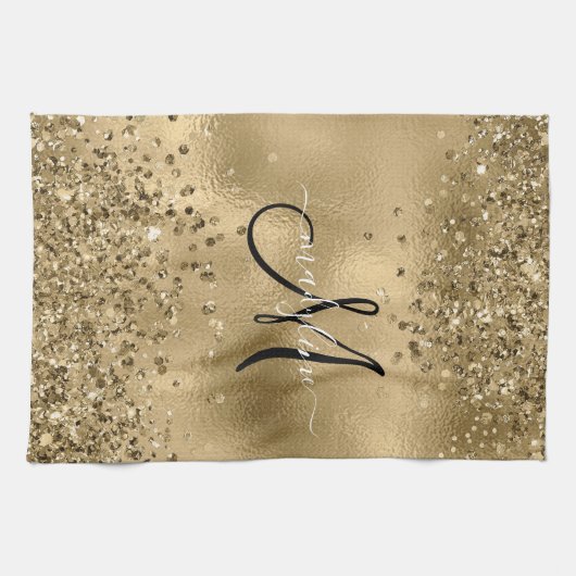 Chic Black Gold Glitters Monogram Naam Theedoek (Horizontaal)