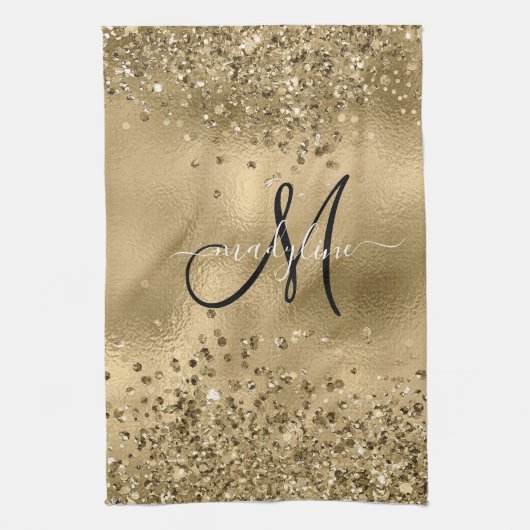 Chic Black Gold Glitters Monogram Naam Theedoek (Verticaal)