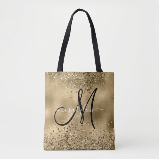 Chic Black Gold Glitters Monogram Naam Tote Bag (Voorkant)