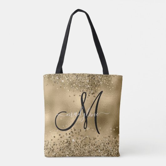 Chic Black Gold Glitters Monogram Naam Tote Bag (Achterkant)