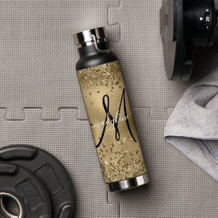 Chic Black Gold Glitters Monogram Naam Waterfles