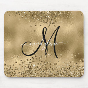 Chic Black Gold Glitters Monogram Name Muismat
