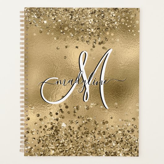 Chic Black Gold Glitters Monogram Name Planner (Voorkant)