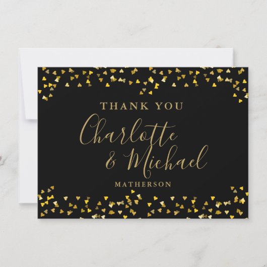Chic Black Gold Hearts Confetti Signature Script Bedankkaart (Voorkant)