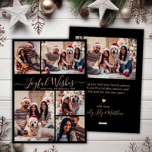 Chic Black Gold Joyful Wishes Script 5 Foto Feestdagenkaart