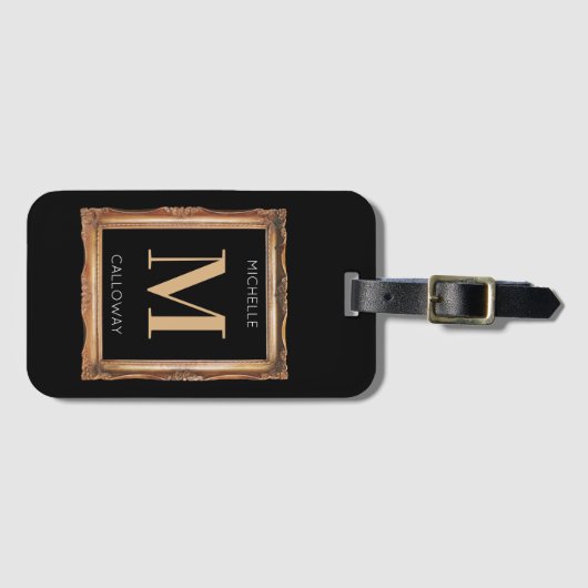 Chic Black & Gold Monogram Bagagelabel (Voorkant (horizontaal))