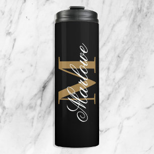 Chic Black Gold Monogram Calligrafie Thermosbeker