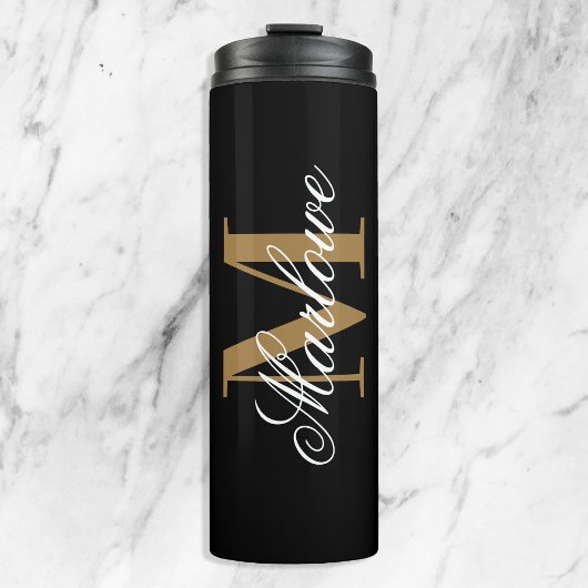 Chic Black Gold Monogram Calligrafie Thermosbeker